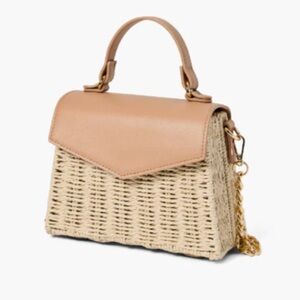 Top-Handle Woven Straw Crossbody Bag in Tan and Natural